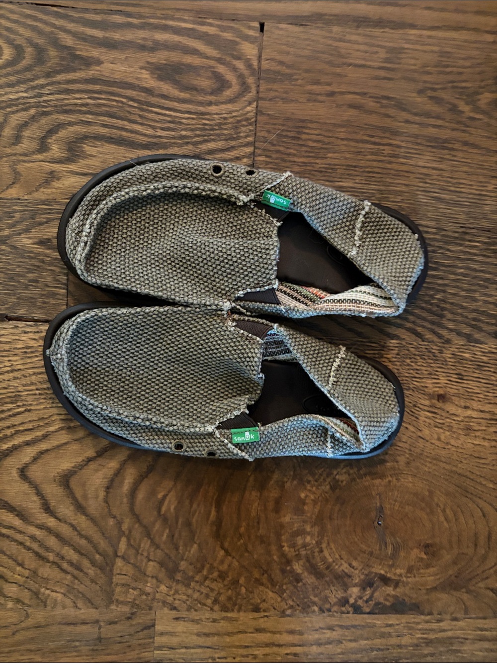 Sanuk Olive Canvas Slip-Ons with Black Sole
